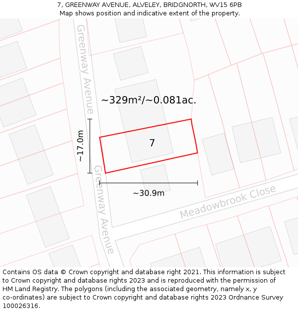 7, GREENWAY AVENUE, ALVELEY, BRIDGNORTH, WV15 6PB: Plot and title map