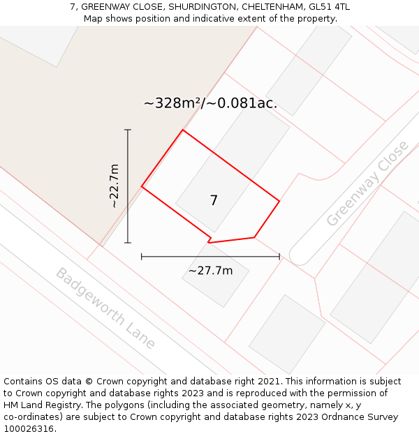 7, GREENWAY CLOSE, SHURDINGTON, CHELTENHAM, GL51 4TL: Plot and title map