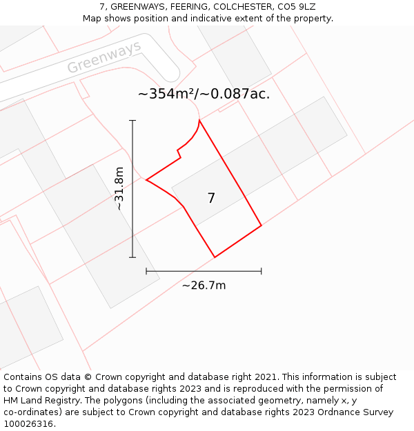 7, GREENWAYS, FEERING, COLCHESTER, CO5 9LZ: Plot and title map