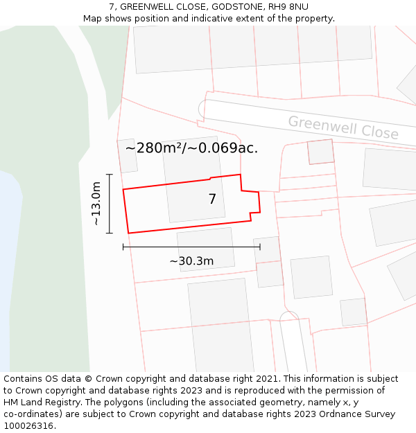 7, GREENWELL CLOSE, GODSTONE, RH9 8NU: Plot and title map