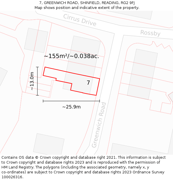 7, GREENWICH ROAD, SHINFIELD, READING, RG2 9FJ: Plot and title map