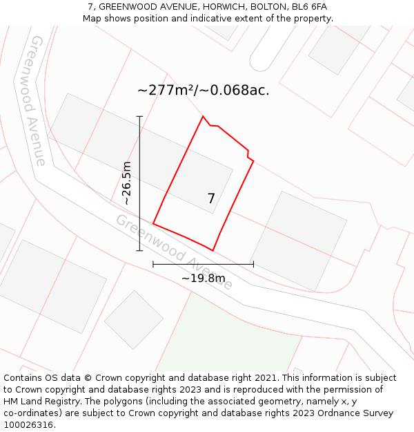 7, GREENWOOD AVENUE, HORWICH, BOLTON, BL6 6FA: Plot and title map
