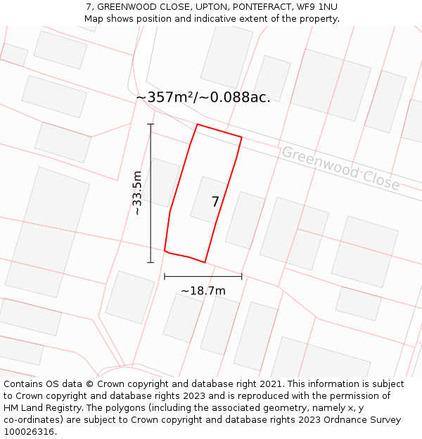 7, GREENWOOD CLOSE, UPTON, PONTEFRACT, WF9 1NU: Plot and title map