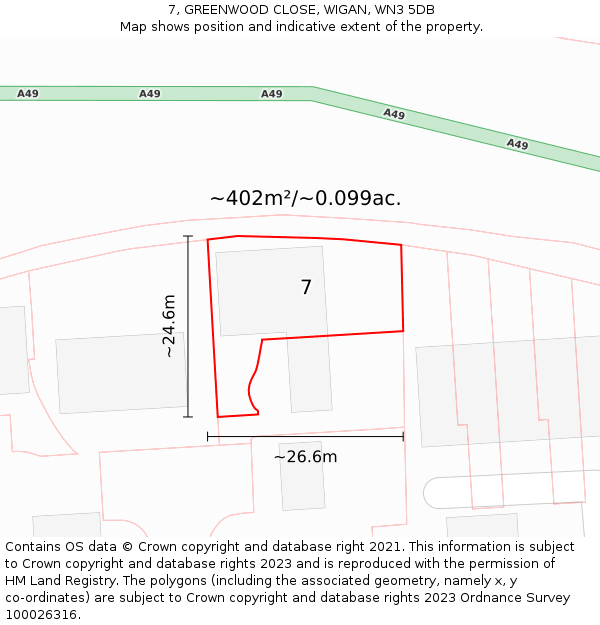 7, GREENWOOD CLOSE, WIGAN, WN3 5DB: Plot and title map