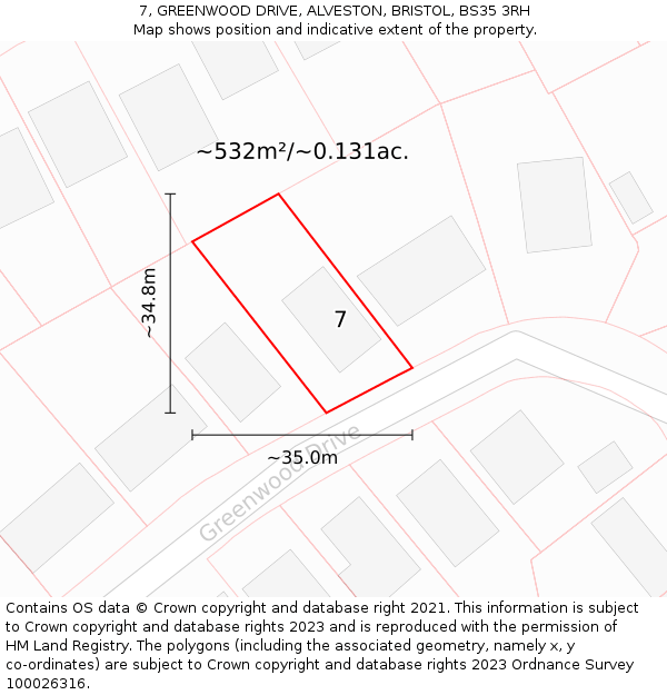 7, GREENWOOD DRIVE, ALVESTON, BRISTOL, BS35 3RH: Plot and title map