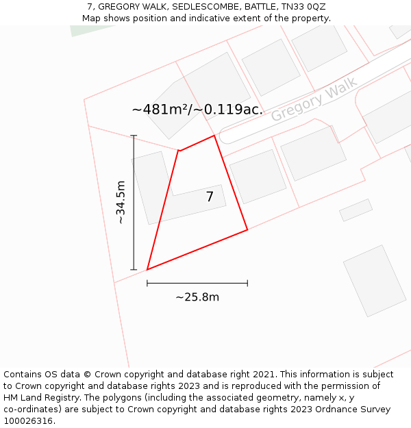 7, GREGORY WALK, SEDLESCOMBE, BATTLE, TN33 0QZ: Plot and title map