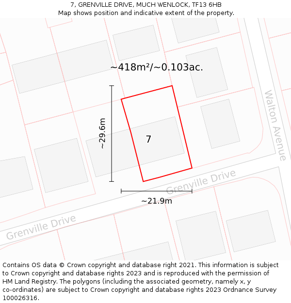 7, GRENVILLE DRIVE, MUCH WENLOCK, TF13 6HB: Plot and title map