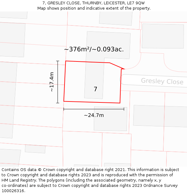 7, GRESLEY CLOSE, THURNBY, LEICESTER, LE7 9QW: Plot and title map