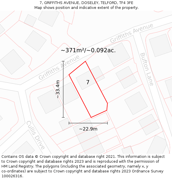 7, GRIFFITHS AVENUE, DOSELEY, TELFORD, TF4 3FE: Plot and title map