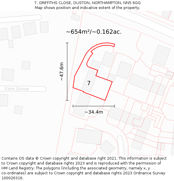 7, GRIFFITHS CLOSE, DUSTON, NORTHAMPTON, NN5 6GG: Plot and title map