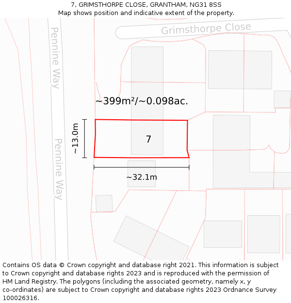 7, GRIMSTHORPE CLOSE, GRANTHAM, NG31 8SS: Plot and title map