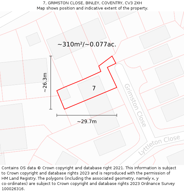 7, GRIMSTON CLOSE, BINLEY, COVENTRY, CV3 2XH: Plot and title map
