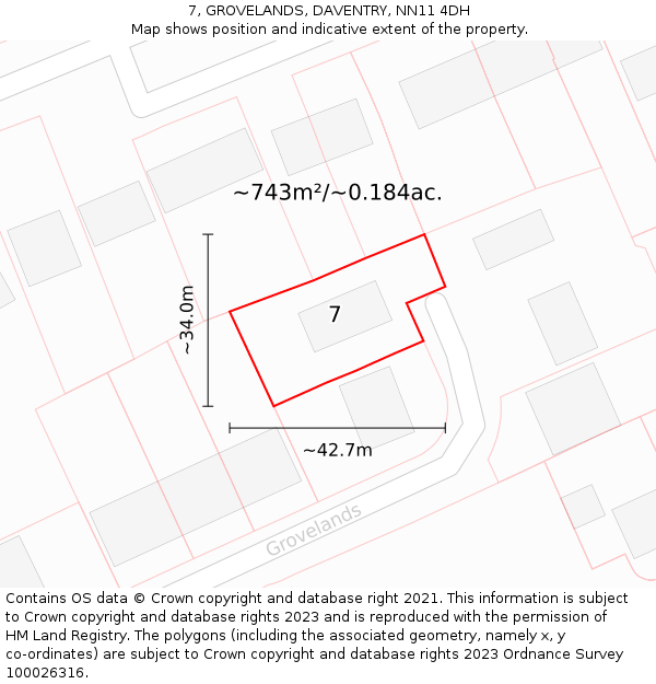 7, GROVELANDS, DAVENTRY, NN11 4DH: Plot and title map