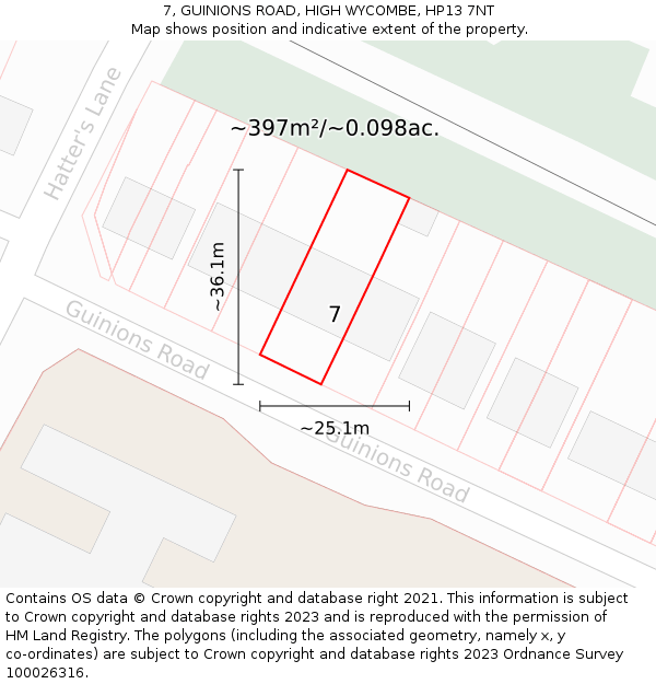 7, GUINIONS ROAD, HIGH WYCOMBE, HP13 7NT: Plot and title map