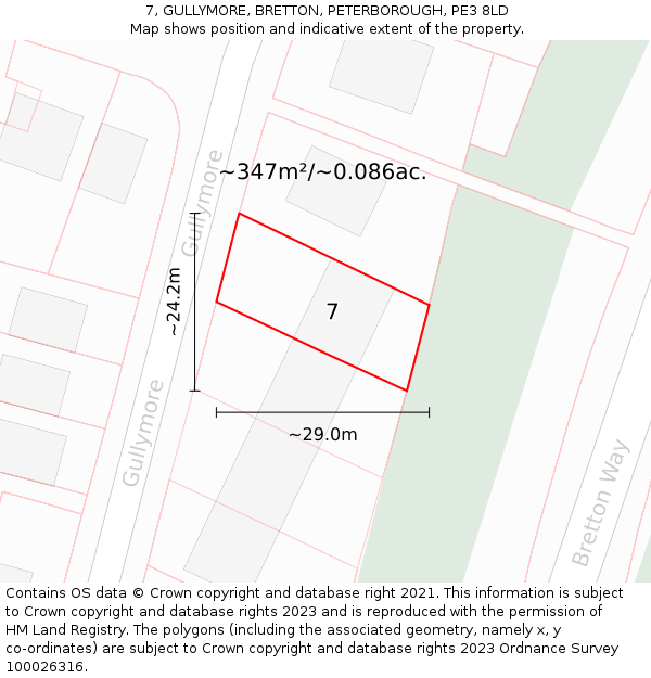 7, GULLYMORE, BRETTON, PETERBOROUGH, PE3 8LD: Plot and title map