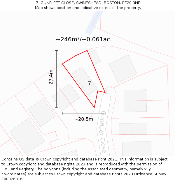 7, GUNFLEET CLOSE, SWINESHEAD, BOSTON, PE20 3NF: Plot and title map