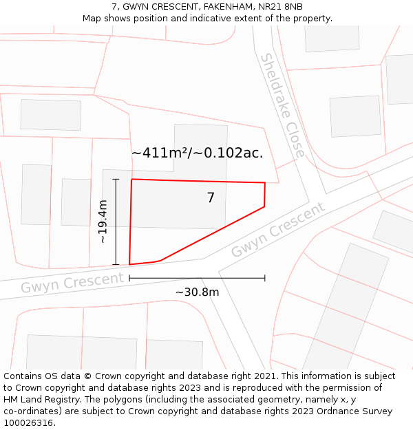 7, GWYN CRESCENT, FAKENHAM, NR21 8NB: Plot and title map