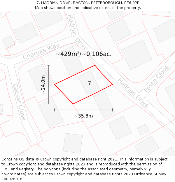 7, HADRIAN DRIVE, BASTON, PETERBOROUGH, PE6 9PP: Plot and title map