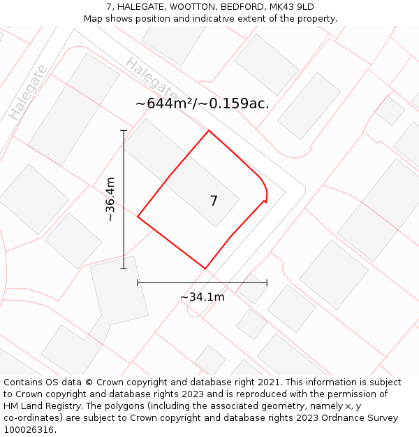 7, HALEGATE, WOOTTON, BEDFORD, MK43 9LD: Plot and title map