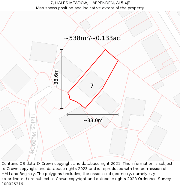 7, HALES MEADOW, HARPENDEN, AL5 4JB: Plot and title map