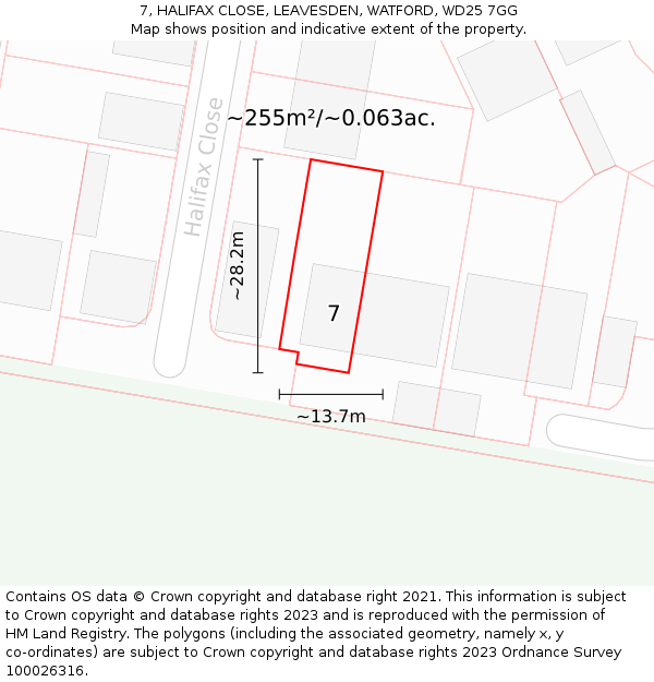 7, HALIFAX CLOSE, LEAVESDEN, WATFORD, WD25 7GG: Plot and title map