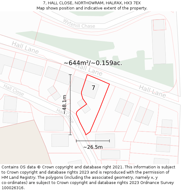 7, HALL CLOSE, NORTHOWRAM, HALIFAX, HX3 7EX: Plot and title map
