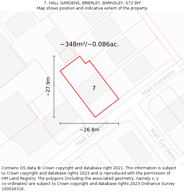 7, HALL GARDENS, BRIERLEY, BARNSLEY, S72 9FF: Plot and title map