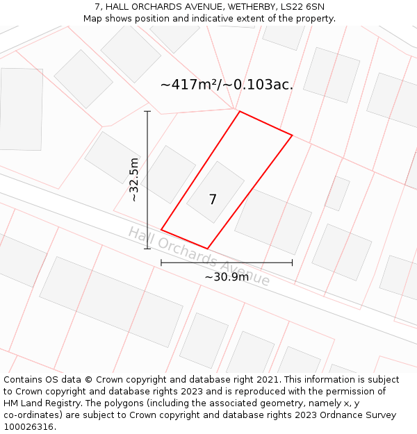 7, HALL ORCHARDS AVENUE, WETHERBY, LS22 6SN: Plot and title map