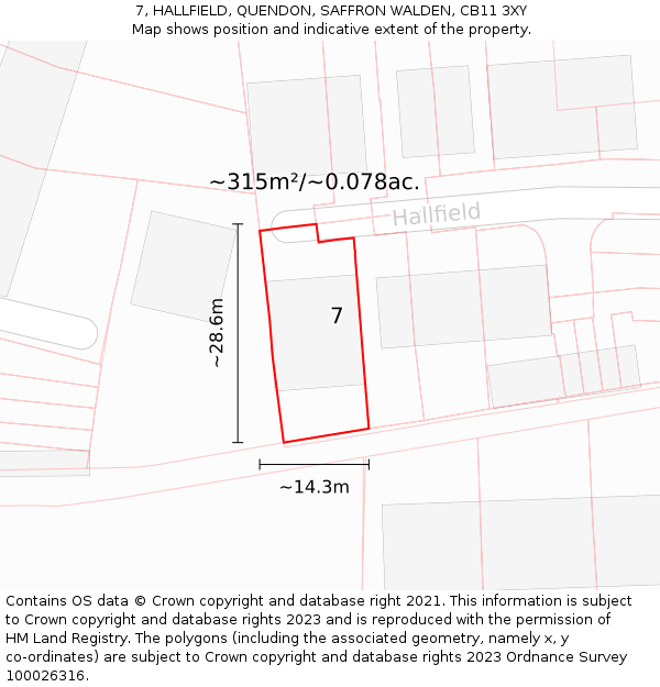 7, HALLFIELD, QUENDON, SAFFRON WALDEN, CB11 3XY: Plot and title map