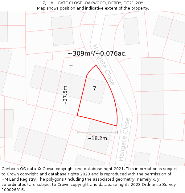 7, HALLGATE CLOSE, OAKWOOD, DERBY, DE21 2QY: Plot and title map