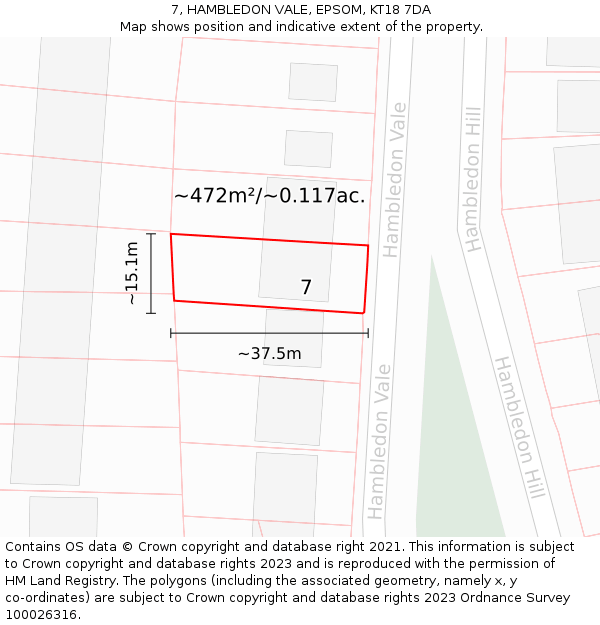7, HAMBLEDON VALE, EPSOM, KT18 7DA: Plot and title map