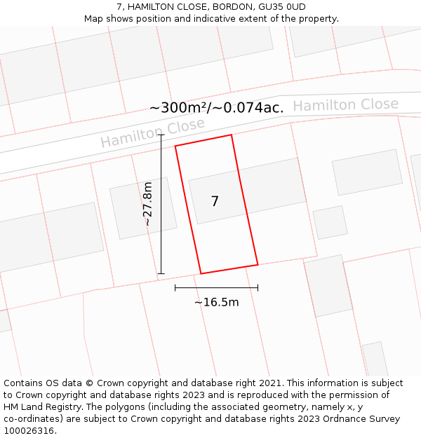 7, HAMILTON CLOSE, BORDON, GU35 0UD: Plot and title map