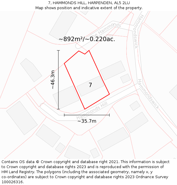 7, HAMMONDS HILL, HARPENDEN, AL5 2LU: Plot and title map