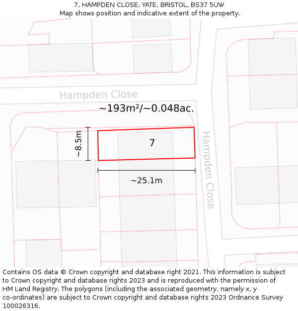 7, HAMPDEN CLOSE, YATE, BRISTOL, BS37 5UW: Plot and title map