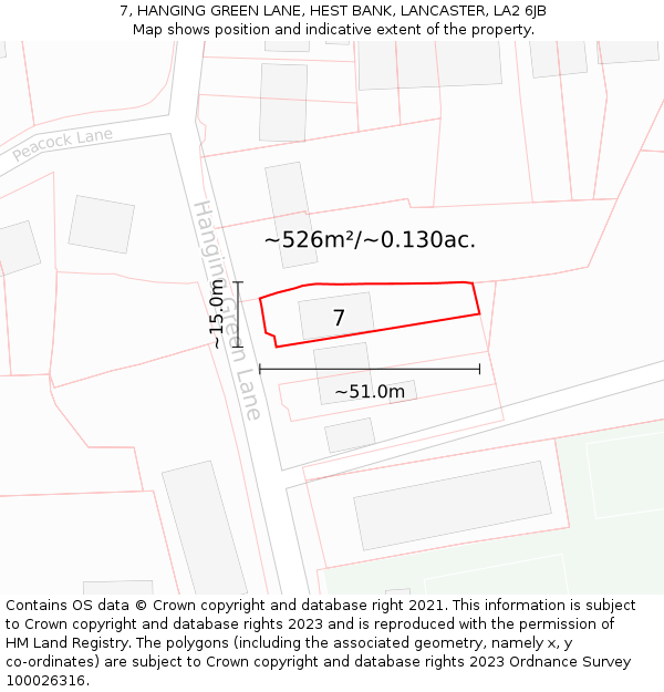 7, HANGING GREEN LANE, HEST BANK, LANCASTER, LA2 6JB: Plot and title map