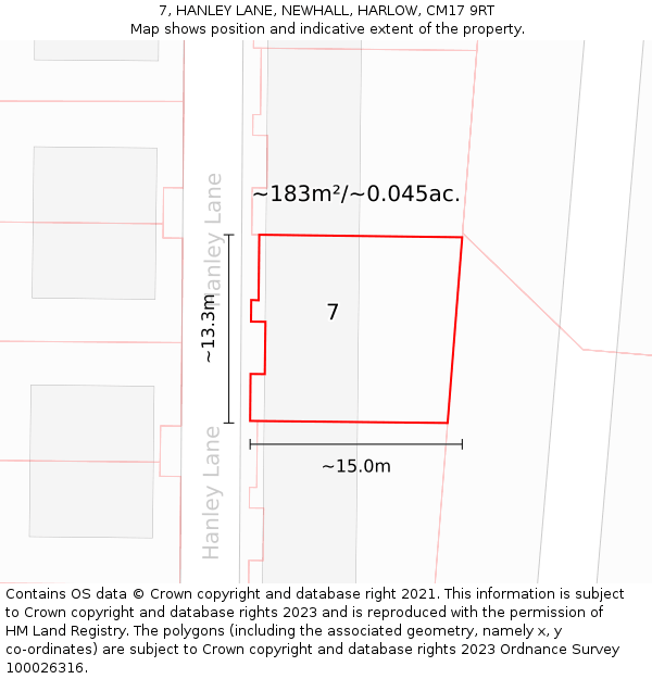 7, HANLEY LANE, NEWHALL, HARLOW, CM17 9RT: Plot and title map