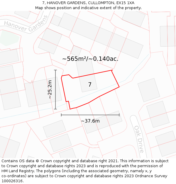 7, HANOVER GARDENS, CULLOMPTON, EX15 1XA: Plot and title map