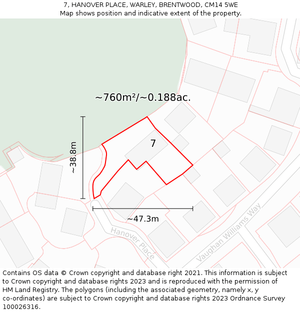 7, HANOVER PLACE, WARLEY, BRENTWOOD, CM14 5WE: Plot and title map