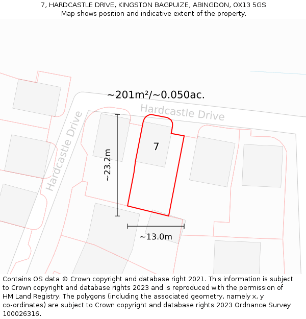 7, HARDCASTLE DRIVE, KINGSTON BAGPUIZE, ABINGDON, OX13 5GS: Plot and title map