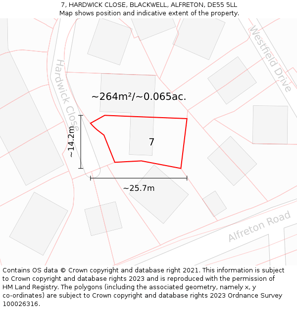 7, HARDWICK CLOSE, BLACKWELL, ALFRETON, DE55 5LL: Plot and title map