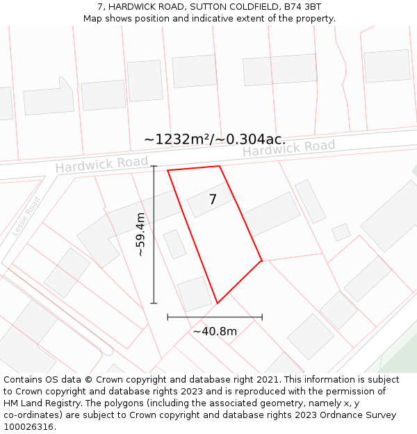 7, HARDWICK ROAD, SUTTON COLDFIELD, B74 3BT: Plot and title map