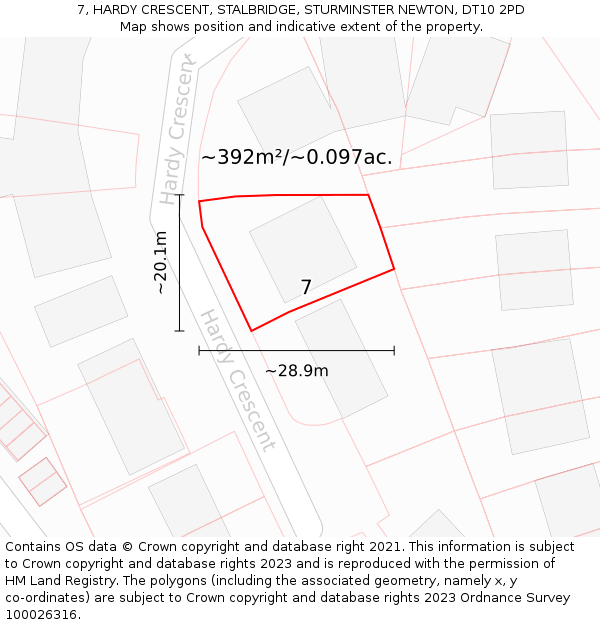 7, HARDY CRESCENT, STALBRIDGE, STURMINSTER NEWTON, DT10 2PD: Plot and title map