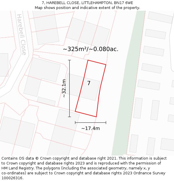 7, HAREBELL CLOSE, LITTLEHAMPTON, BN17 6WE: Plot and title map
