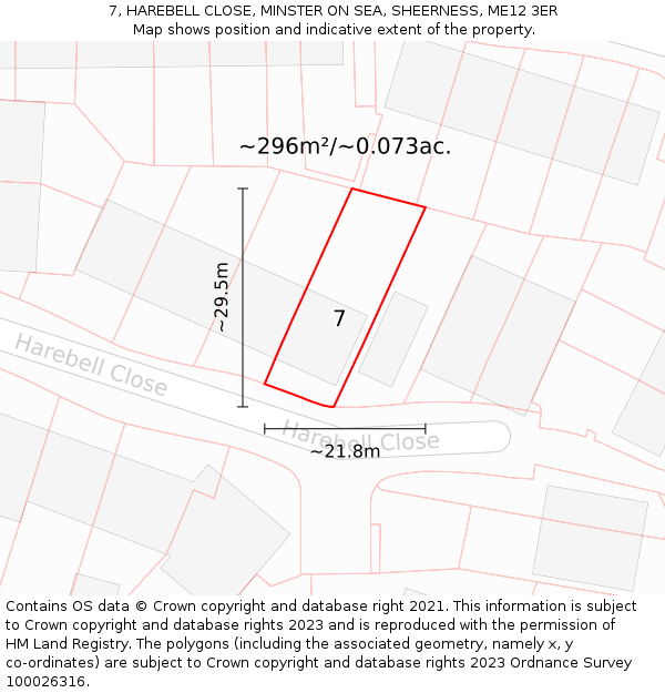 7, HAREBELL CLOSE, MINSTER ON SEA, SHEERNESS, ME12 3ER: Plot and title map