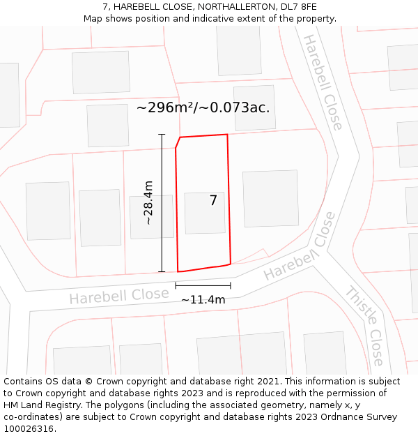 7, HAREBELL CLOSE, NORTHALLERTON, DL7 8FE: Plot and title map