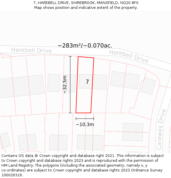 7, HAREBELL DRIVE, SHIREBROOK, MANSFIELD, NG20 8FS: Plot and title map