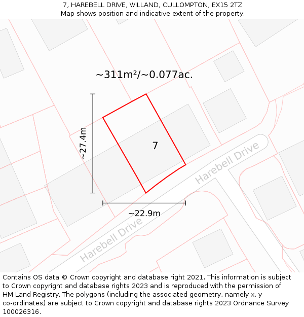 7, HAREBELL DRIVE, WILLAND, CULLOMPTON, EX15 2TZ: Plot and title map