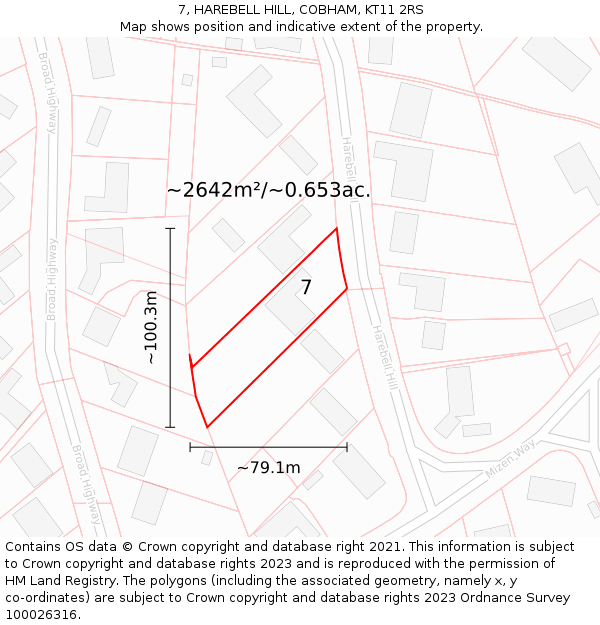 7, HAREBELL HILL, COBHAM, KT11 2RS: Plot and title map