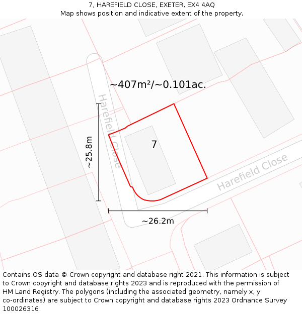 7, HAREFIELD CLOSE, EXETER, EX4 4AQ: Plot and title map
