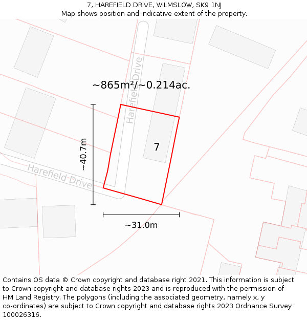 7, HAREFIELD DRIVE, WILMSLOW, SK9 1NJ: Plot and title map